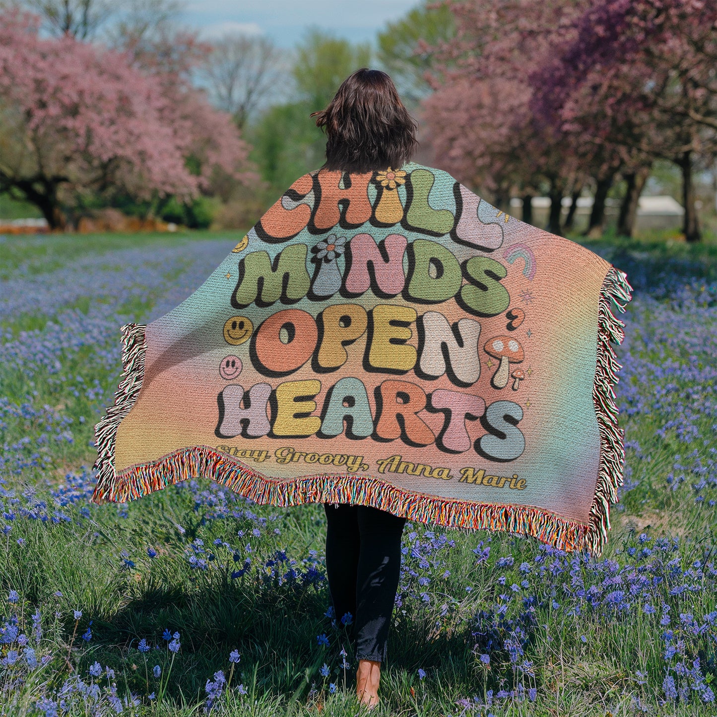 Chill Minds Open Hearts retro woven blanket with custom name option and mental health message for self-care