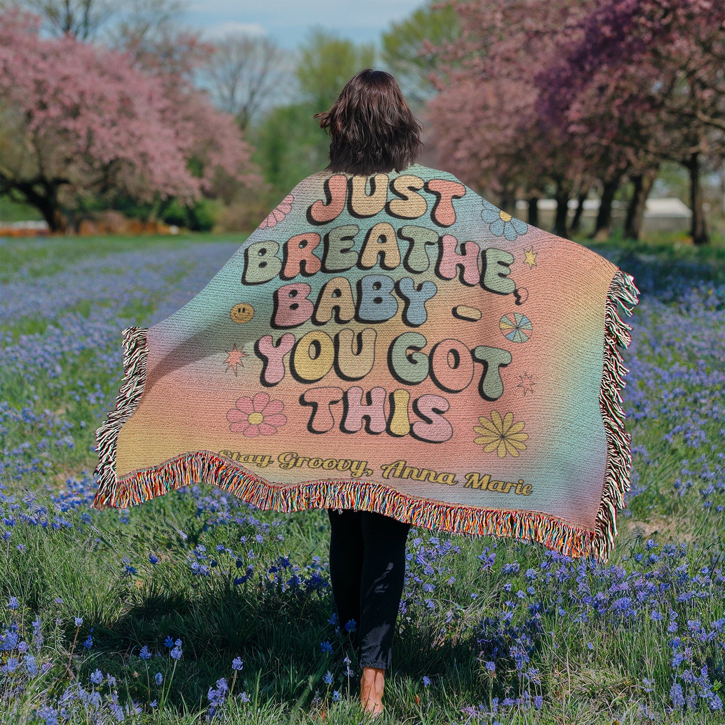 Just Breathe Baby You Got This woven blanket with retro mental health message and custom name option
