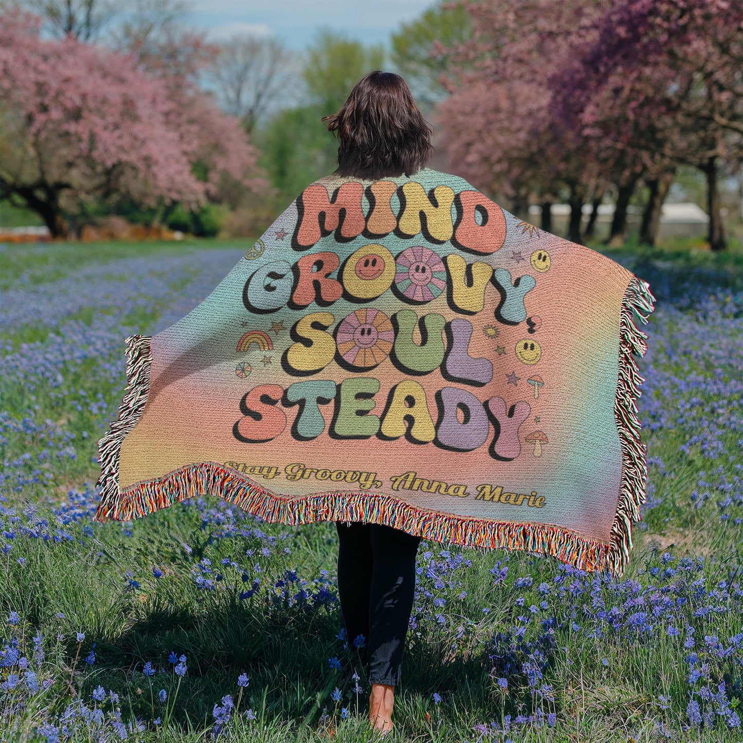Mind Groovy, Soul Steady personalized woven blanket, retro mental health throw for comfort & calm - MySisterIsASurvivor