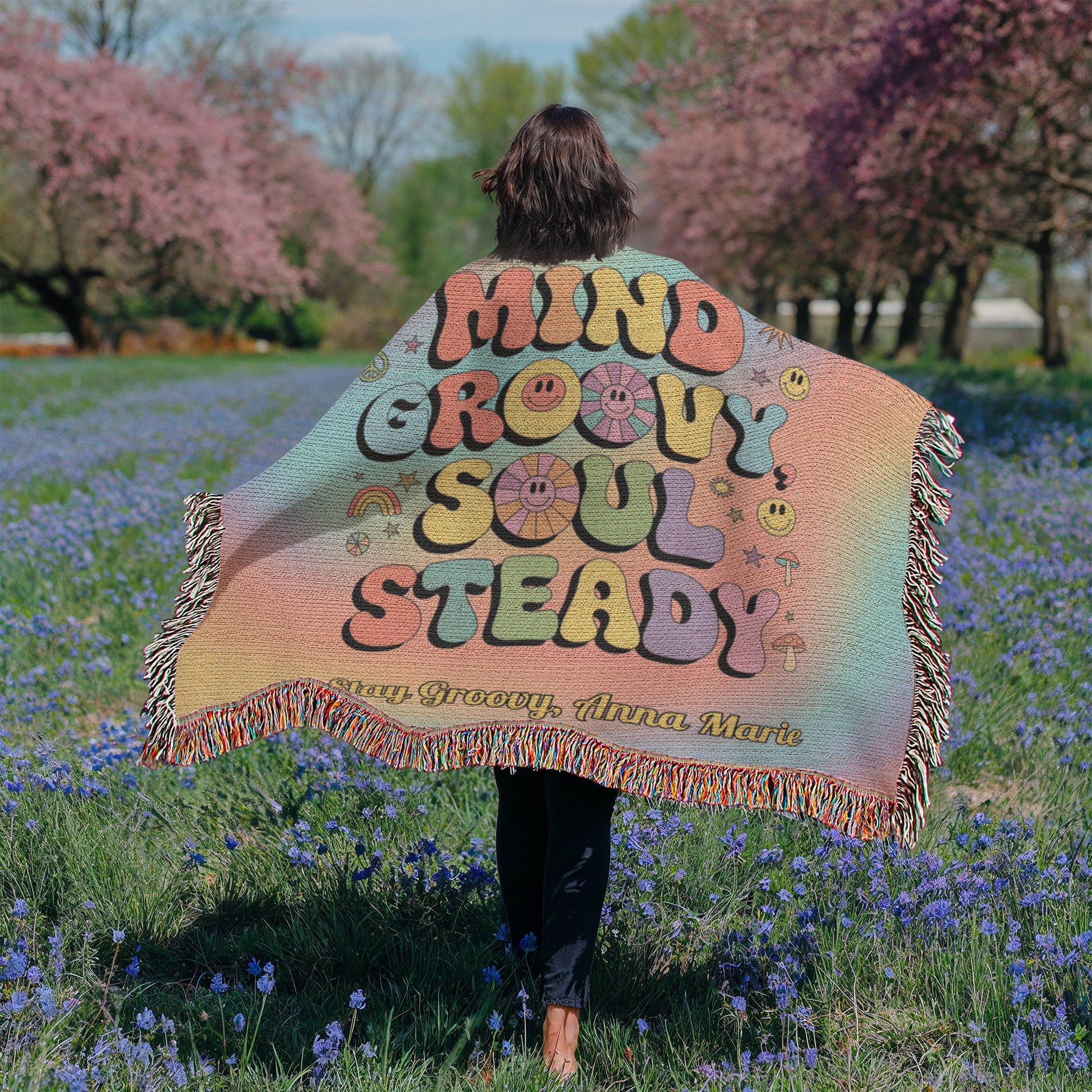 Mind Groovy, Soul Steady personalized woven blanket, retro mental health throw for comfort & calm - MySisterIsASurvivor