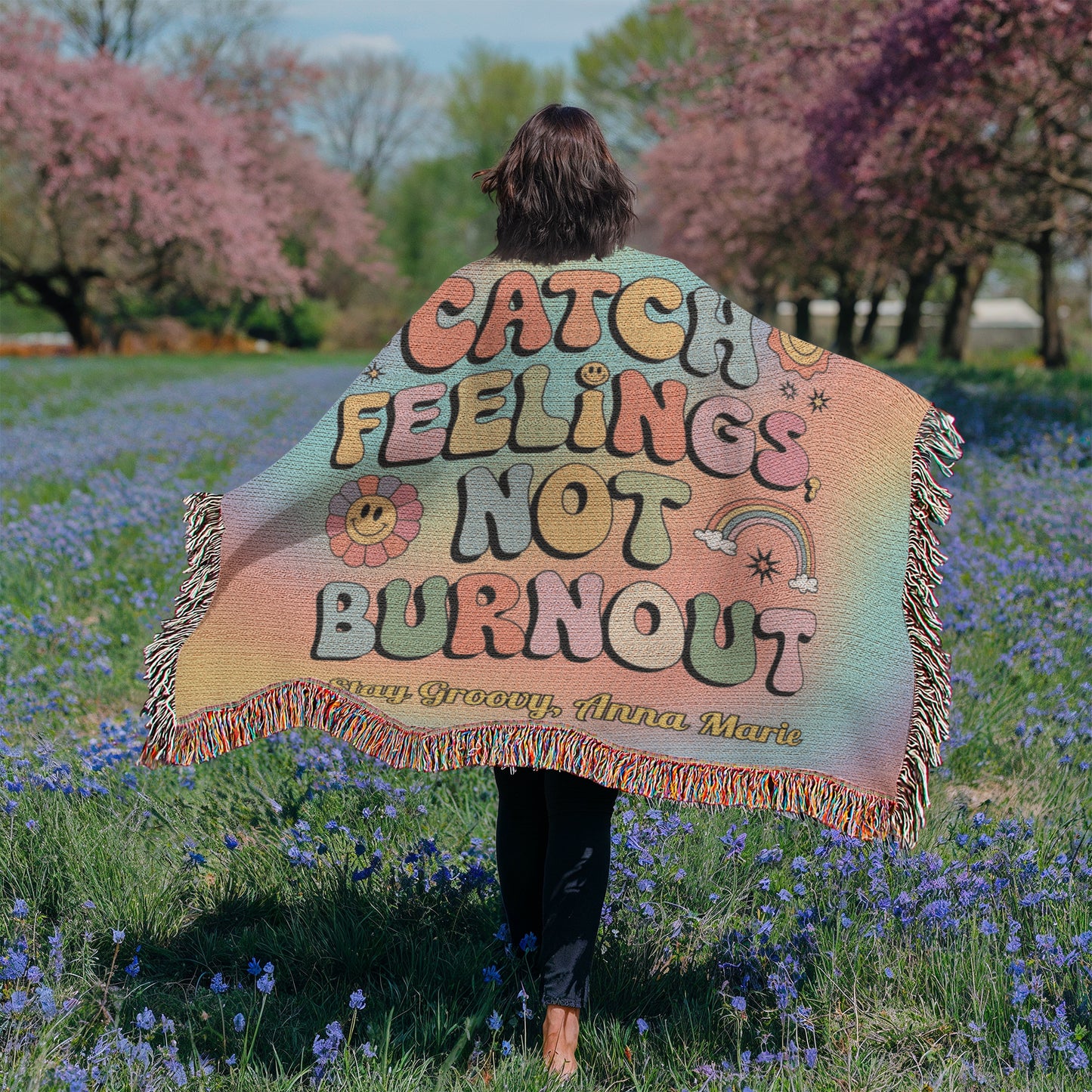 Catch Feelings Not Burnout personalized woven blanket with retro mental health affirmation in bold colorful design