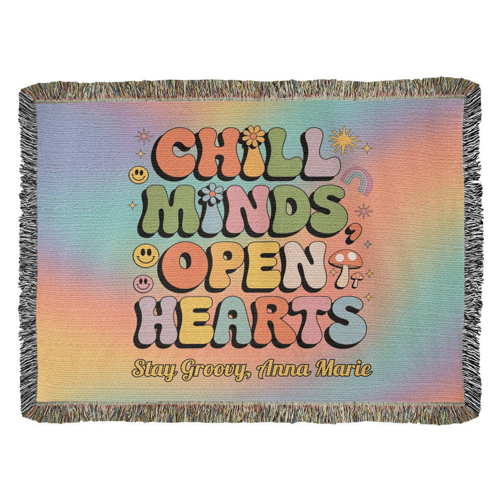 Chill Minds Open Hearts retro woven blanket with custom name option and mental health message for self-care