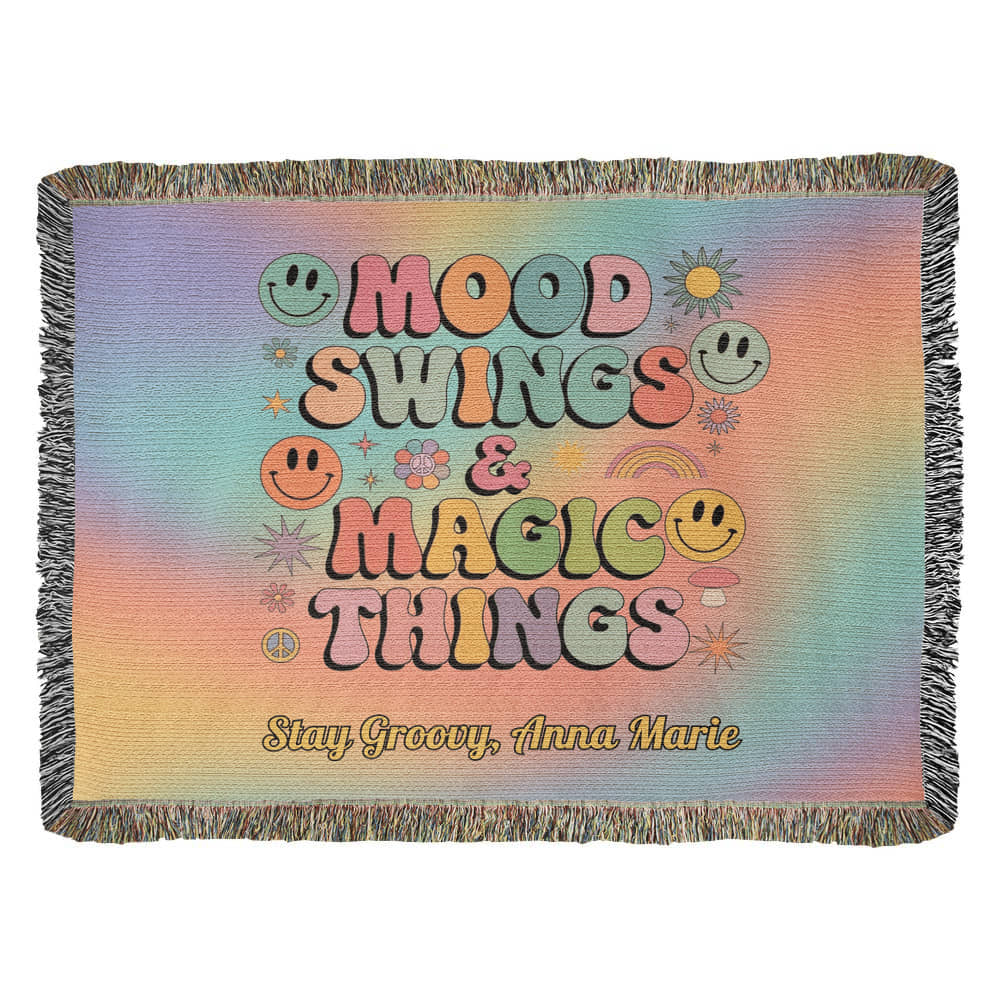 Mood Swings & Magic Things affirmation woven throw blanket personalized for emotional balance and retro style