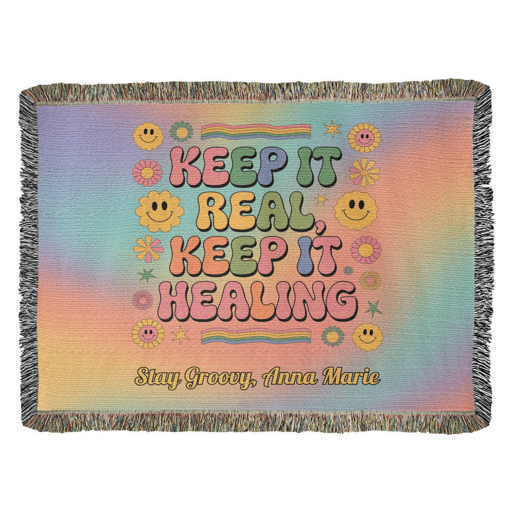 Keep It Real Keep It Healing personalized retro affirmation blanket for mental health and therapy room style