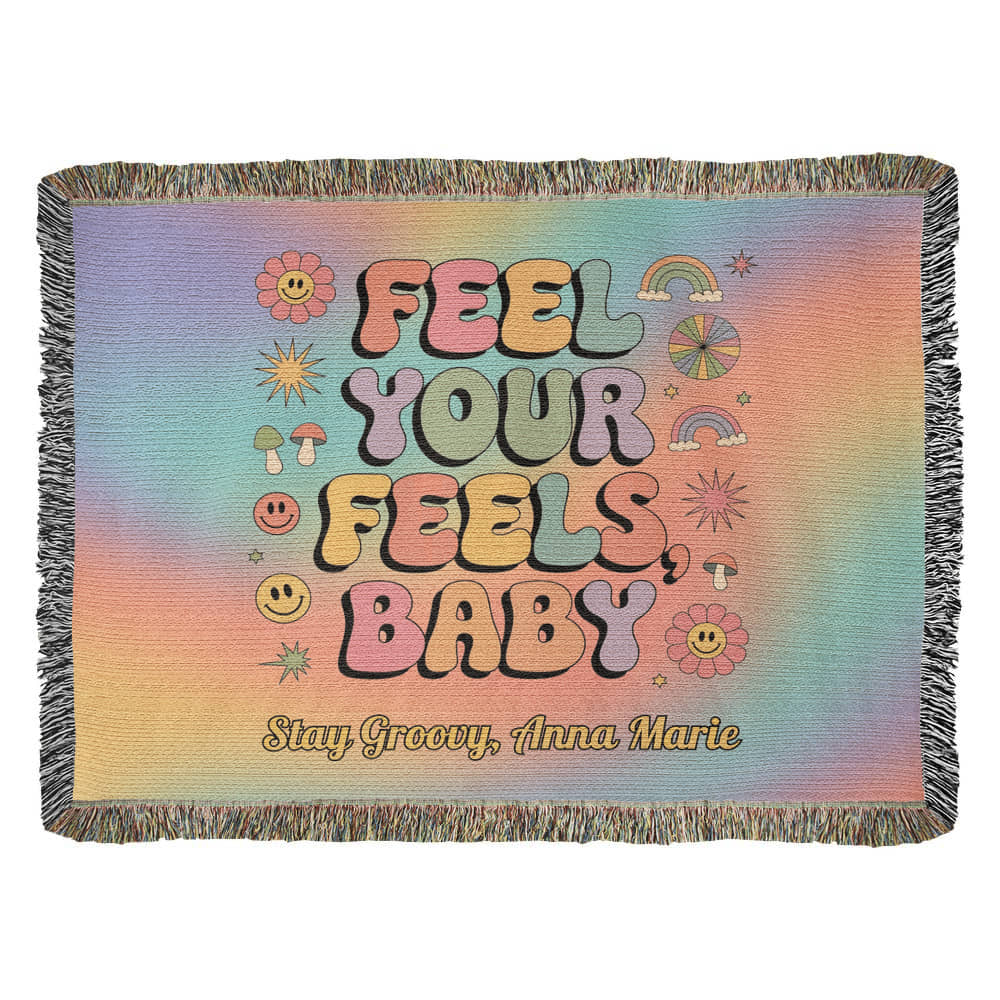 Feel Your Feels Baby woven blanket with retro typography and custom text for emotional wellness and comfort