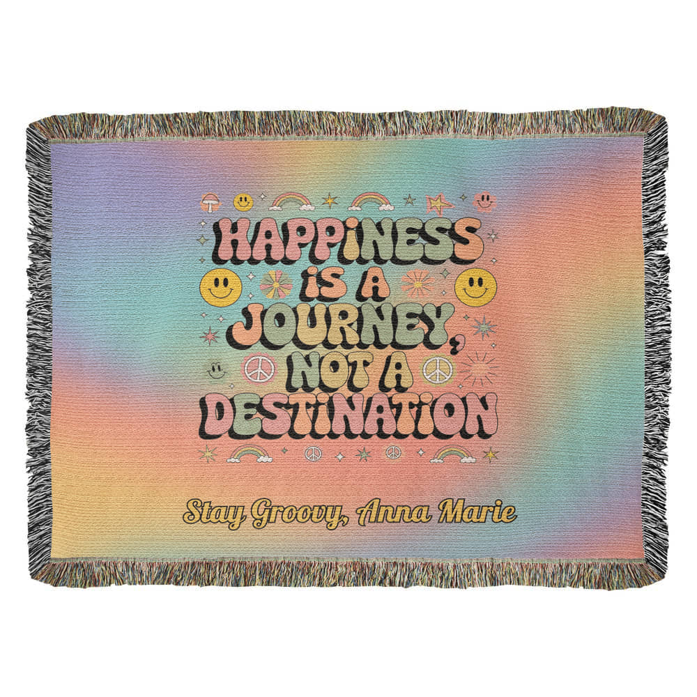 Happiness Is a Journey retro mental health woven blanket with personalized name for therapy or home use
