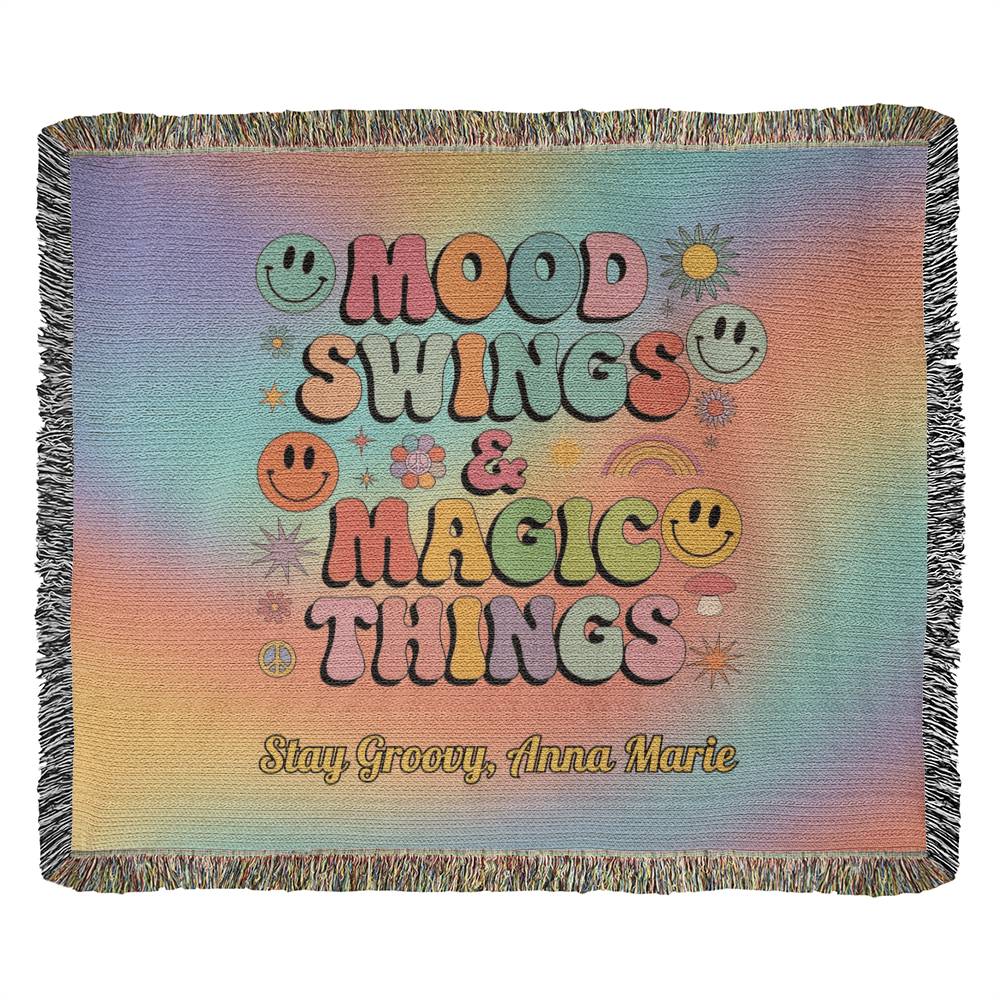 Mood Swings & Magic Things affirmation woven throw blanket personalized for emotional balance and retro style