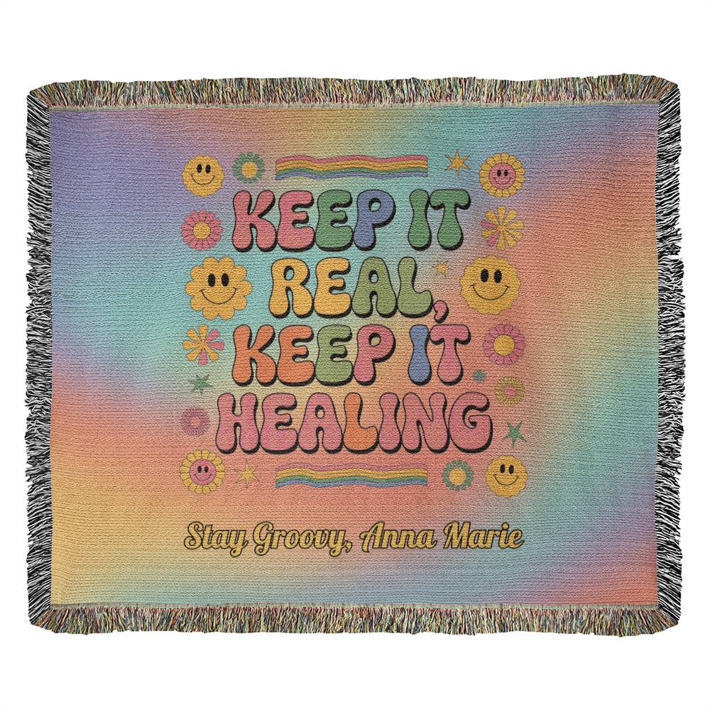 Keep It Real Keep It Healing personalized retro affirmation blanket for mental health and therapy room style