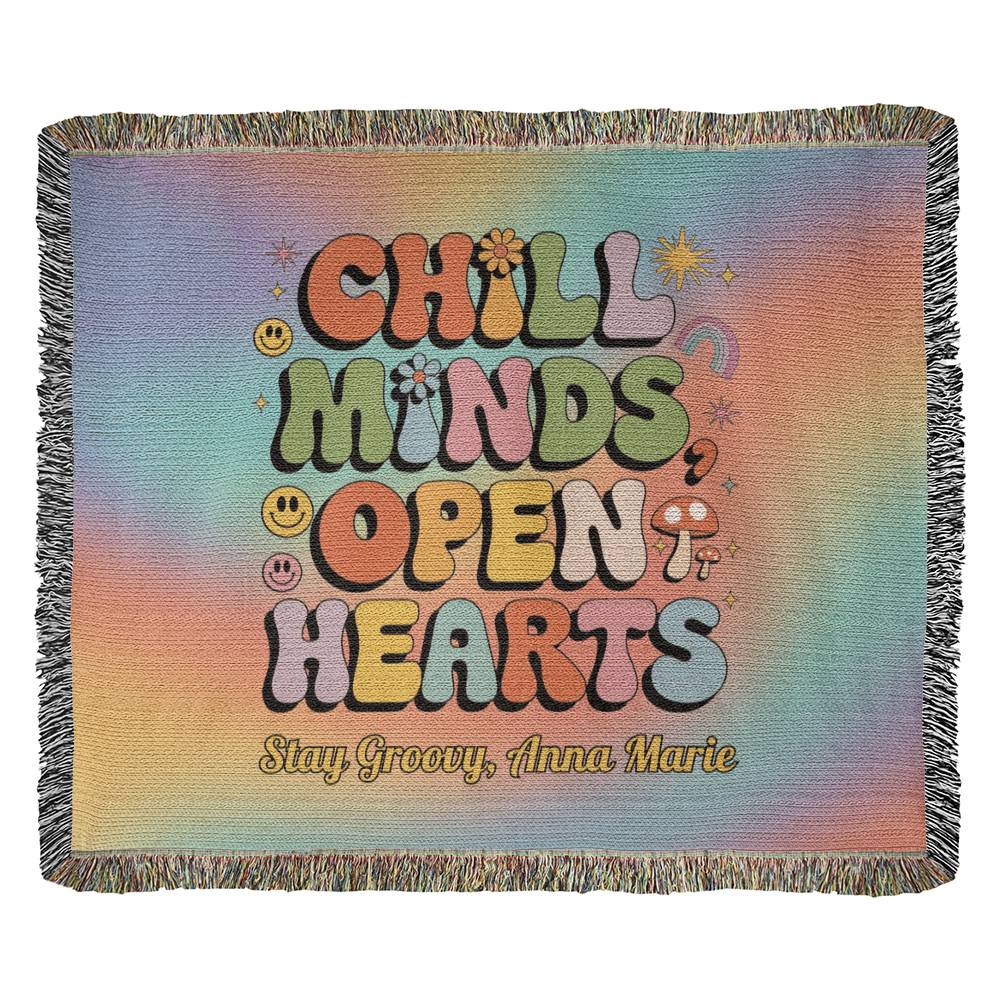 Chill Minds Open Hearts retro woven blanket with custom name option and mental health message for self-care