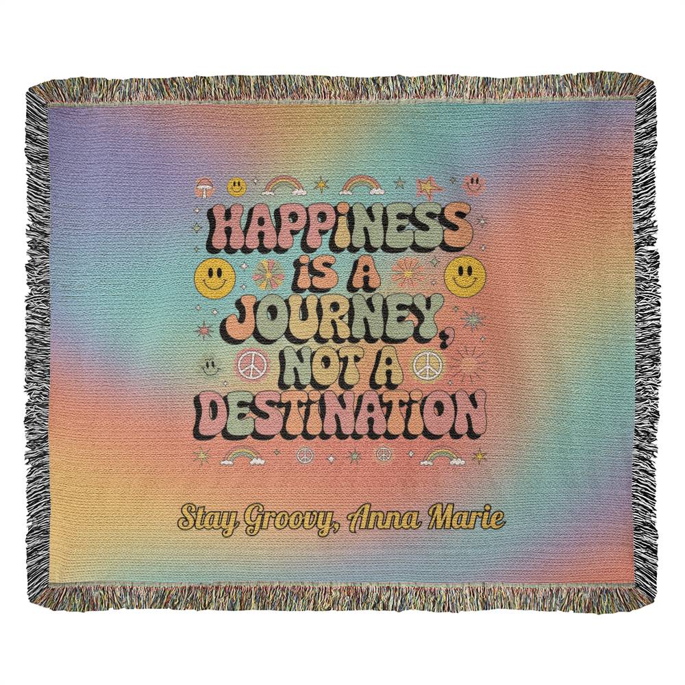 Happiness Is a Journey retro mental health woven blanket with personalized name for therapy or home use