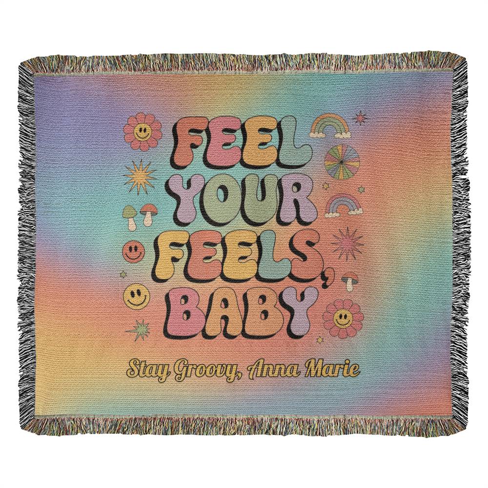 Feel Your Feels Baby woven blanket with retro typography and custom text for emotional wellness and comfort