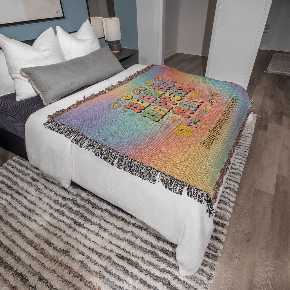 Healing Happens Man groovy affirmation blanket personalized for emotional wellness and mental health support