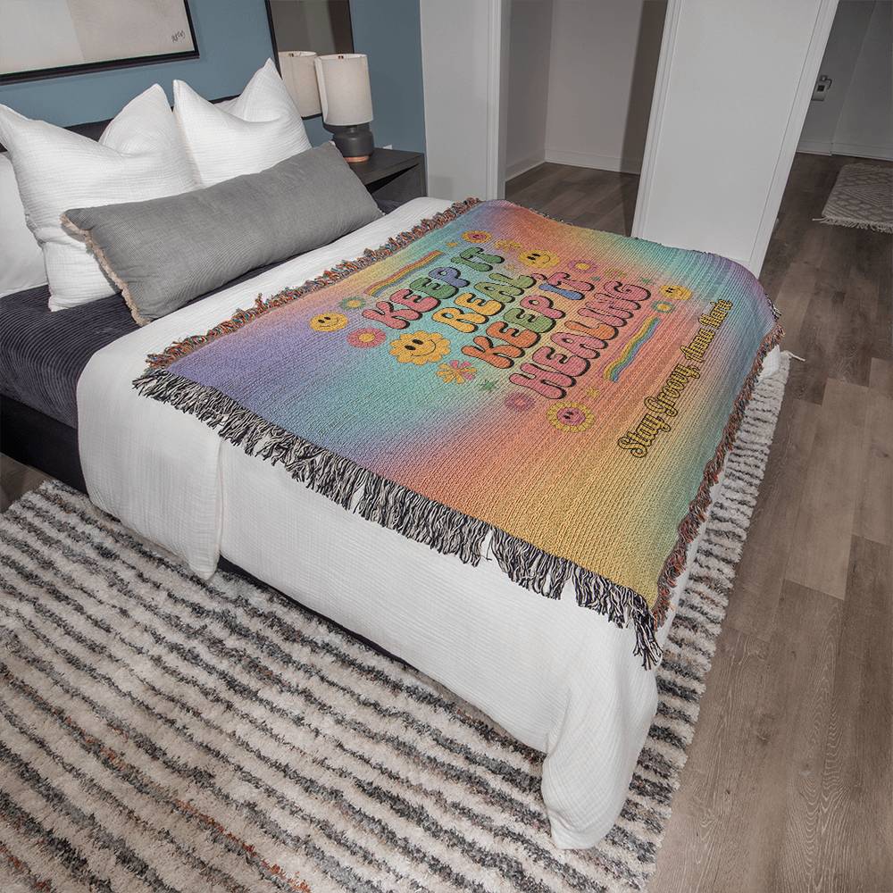 Keep It Real Keep It Healing personalized retro affirmation blanket for mental health and therapy room style