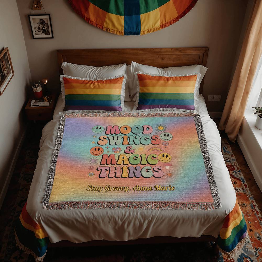 Mood Swings & Magic Things affirmation woven throw blanket personalized for emotional balance and retro style