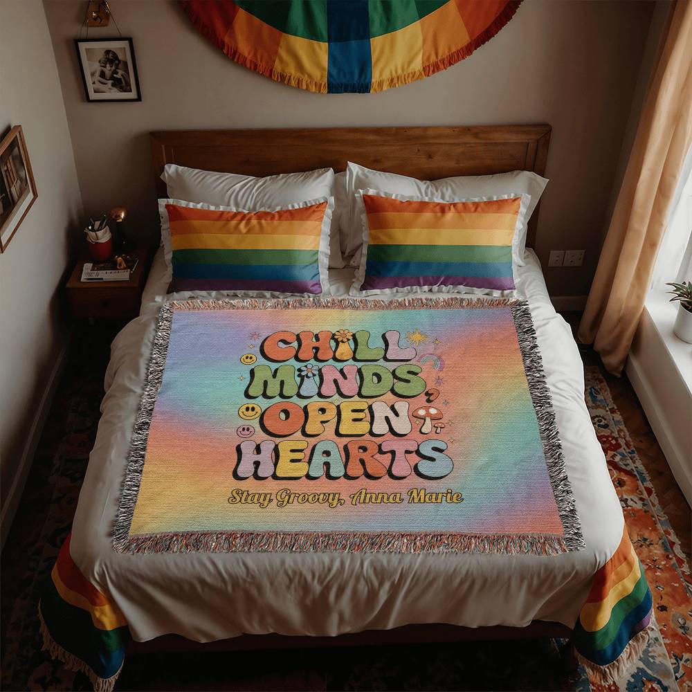 Chill Minds Open Hearts retro woven blanket with custom name option and mental health message for self-care