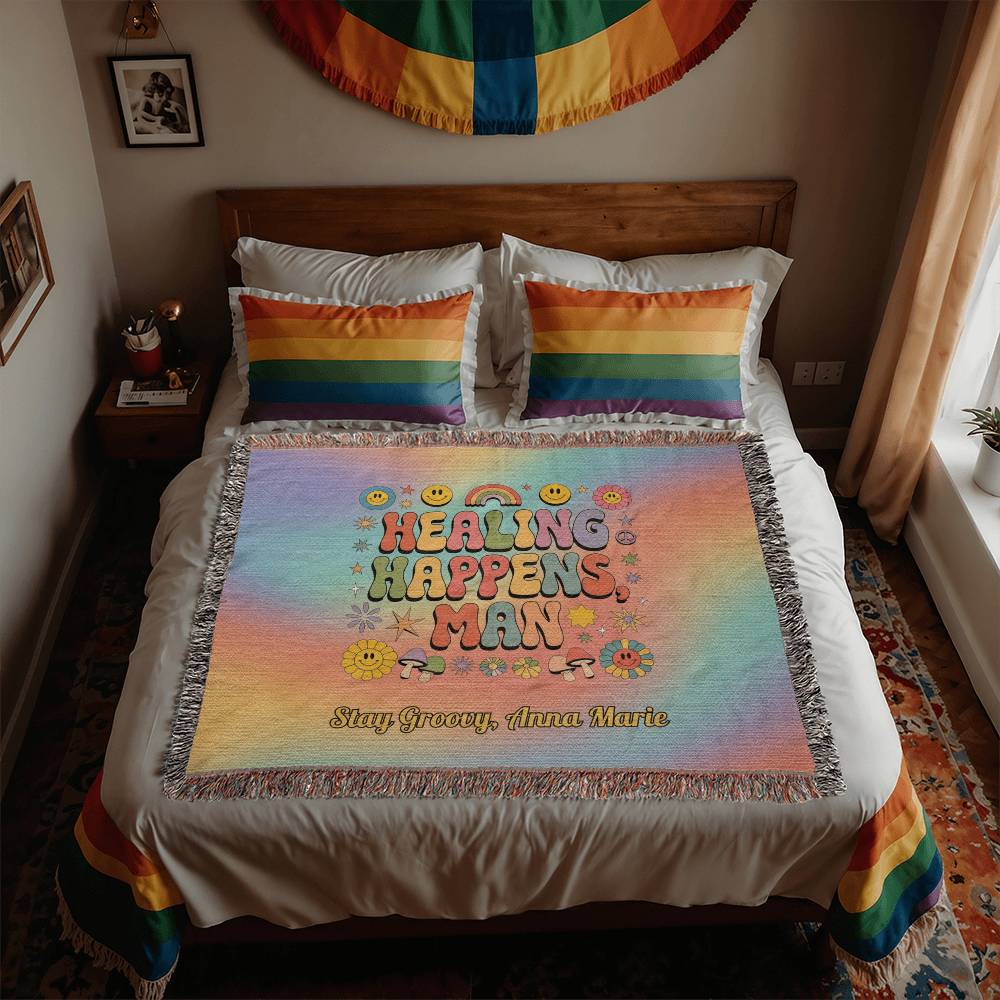 Healing Happens Man groovy affirmation blanket personalized for emotional wellness and mental health support
