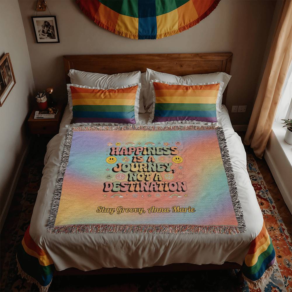 Happiness Is a Journey retro mental health woven blanket with personalized name for therapy or home use