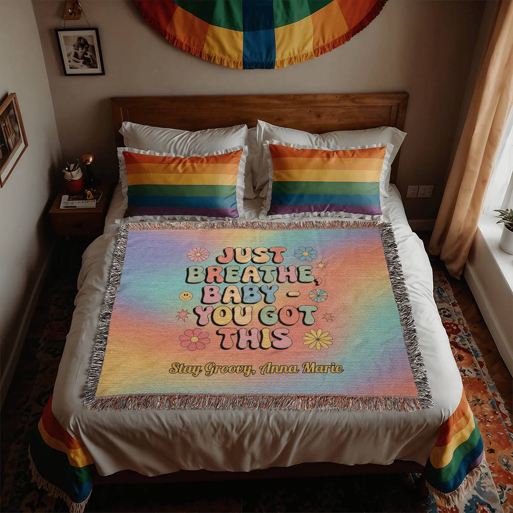 Just Breathe Baby You Got This woven blanket with retro mental health message and custom name option