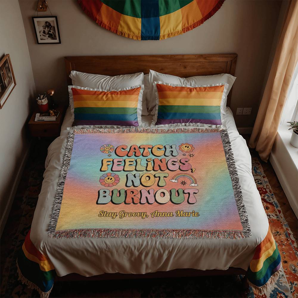 Catch Feelings Not Burnout personalized woven blanket with retro mental health affirmation in bold colorful design