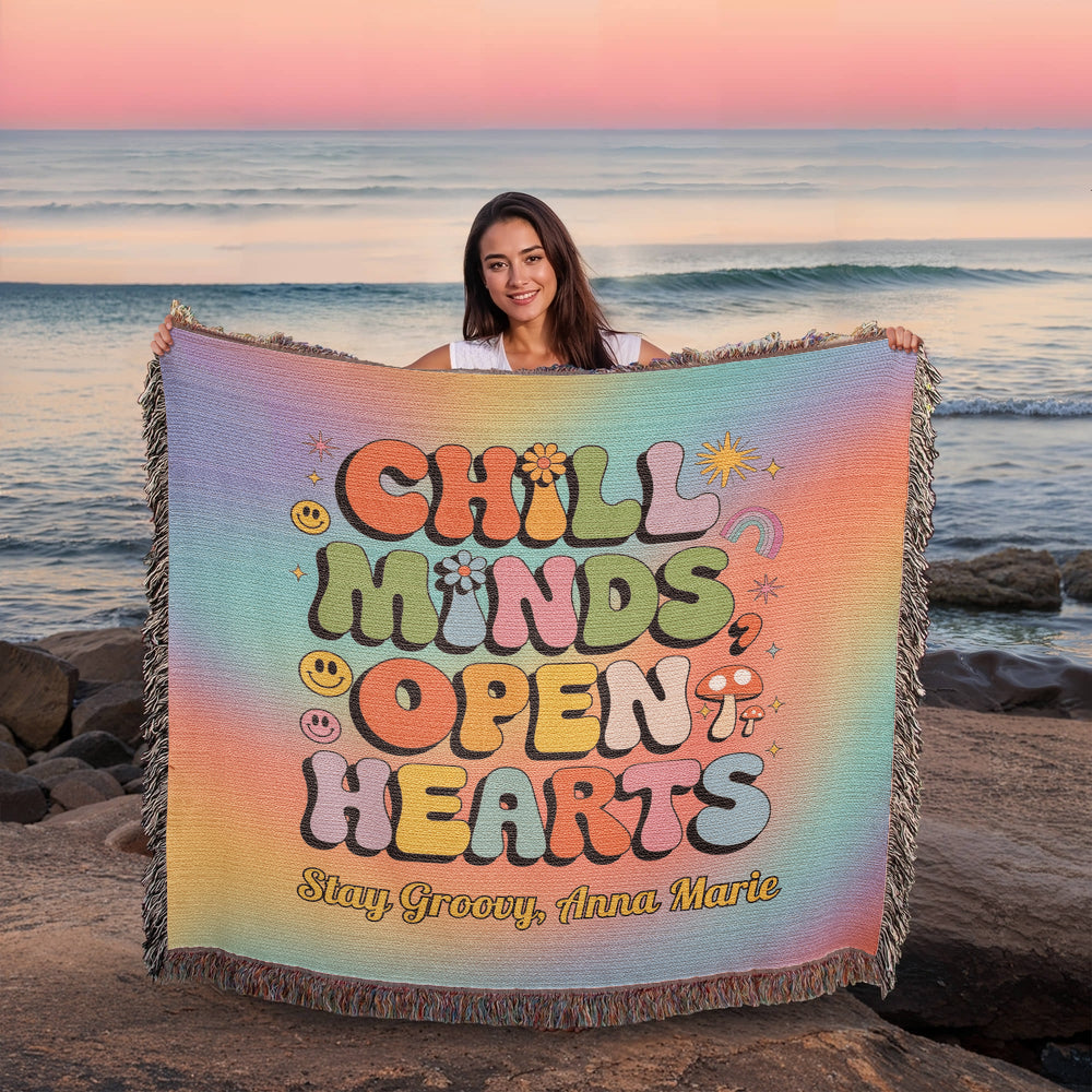 Chill Minds Open Hearts retro woven blanket with custom name option and mental health message for self-care