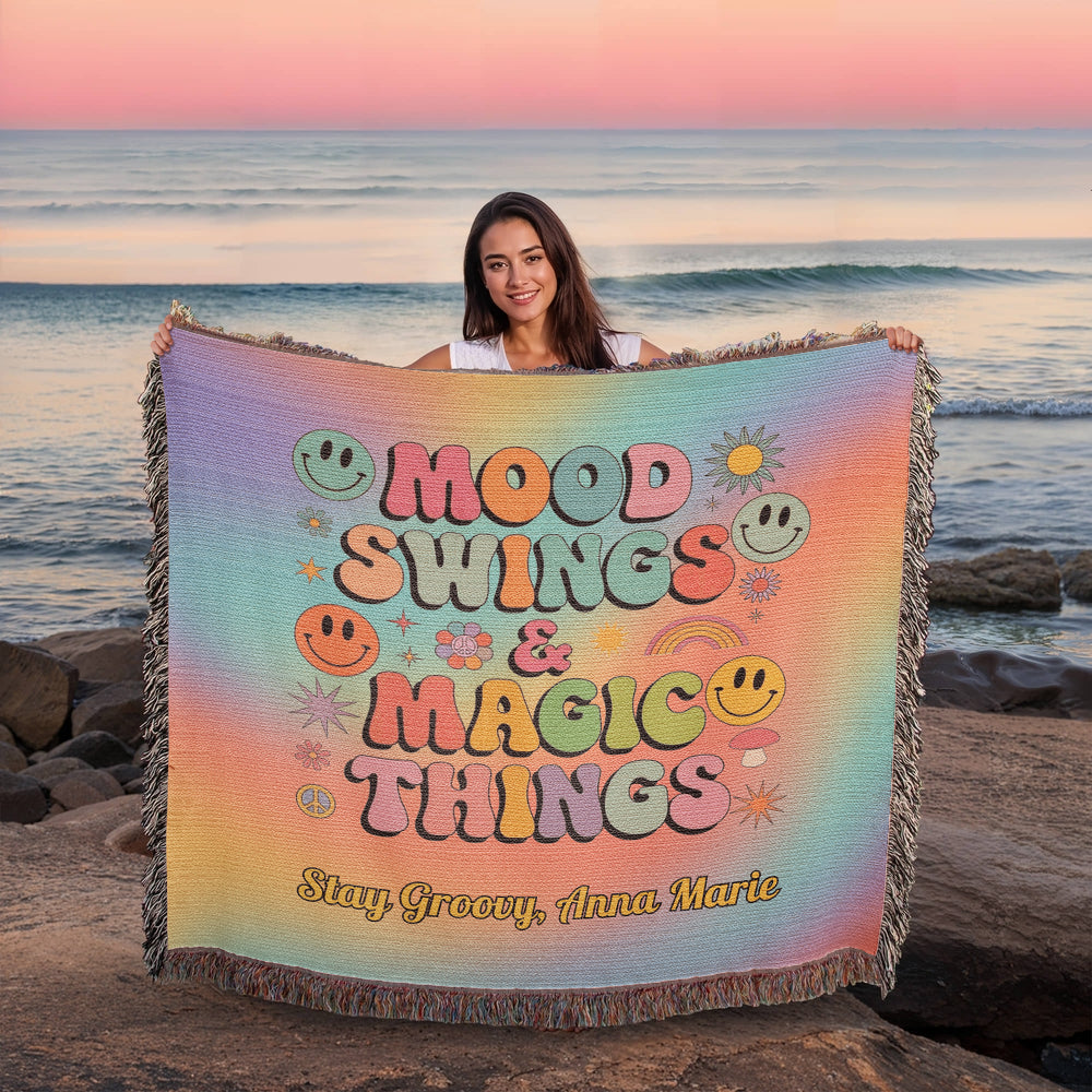 Mood Swings & Magic Things affirmation woven throw blanket personalized for emotional balance and retro style