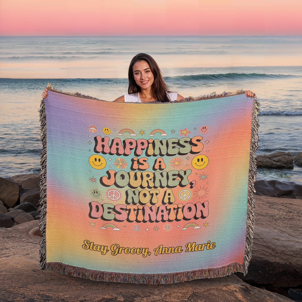 Happiness Is a Journey retro mental health woven blanket with personalized name for therapy or home use