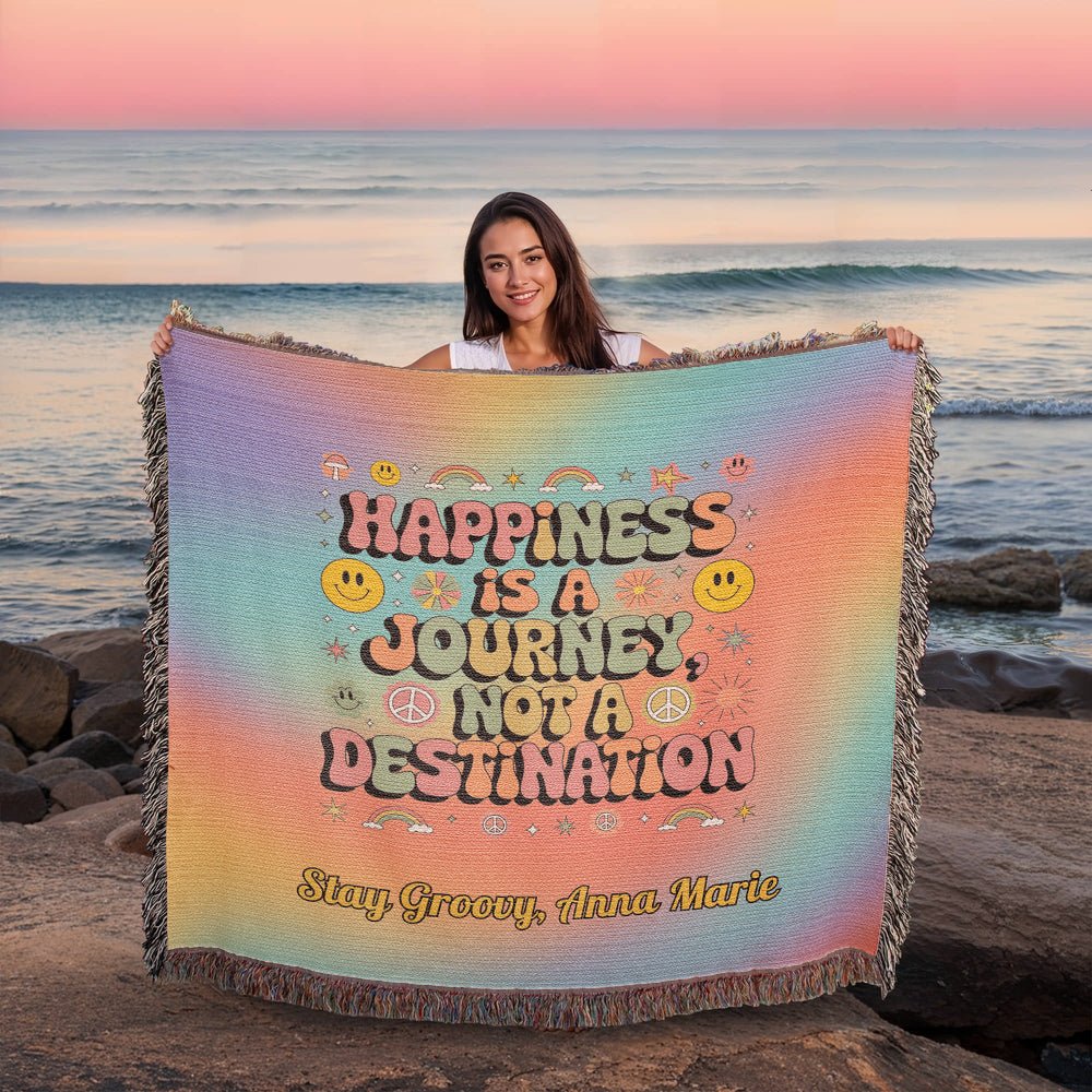 Happiness Is a Journey woven blanket retro mental health throw for self-care - MySisterIsASurvivor