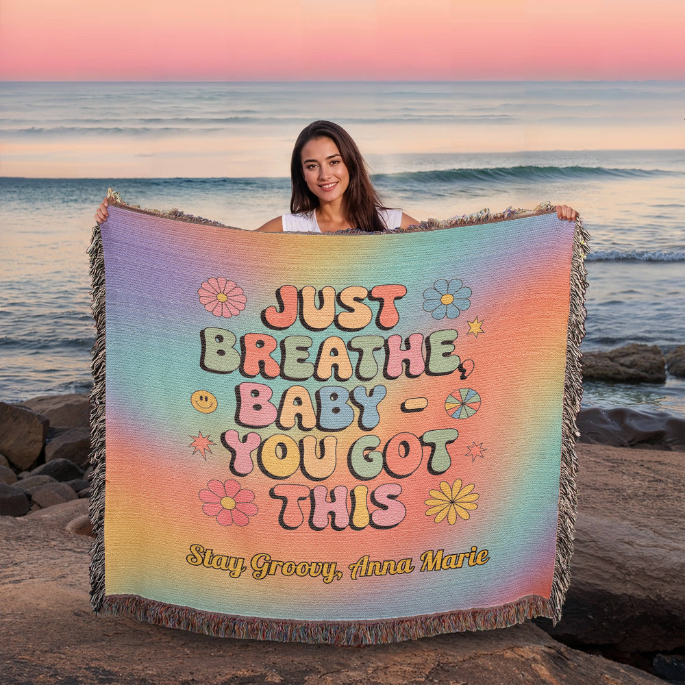 Just Breathe Baby You Got This woven blanket with retro mental health message and custom name option