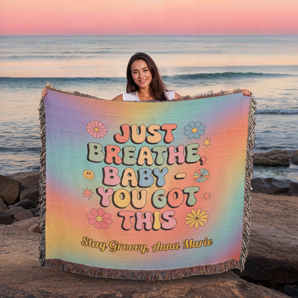Just Breathe, Baby You Got This Retro Mental Health Woven Blanket Throw - MySisterIsASurvivor