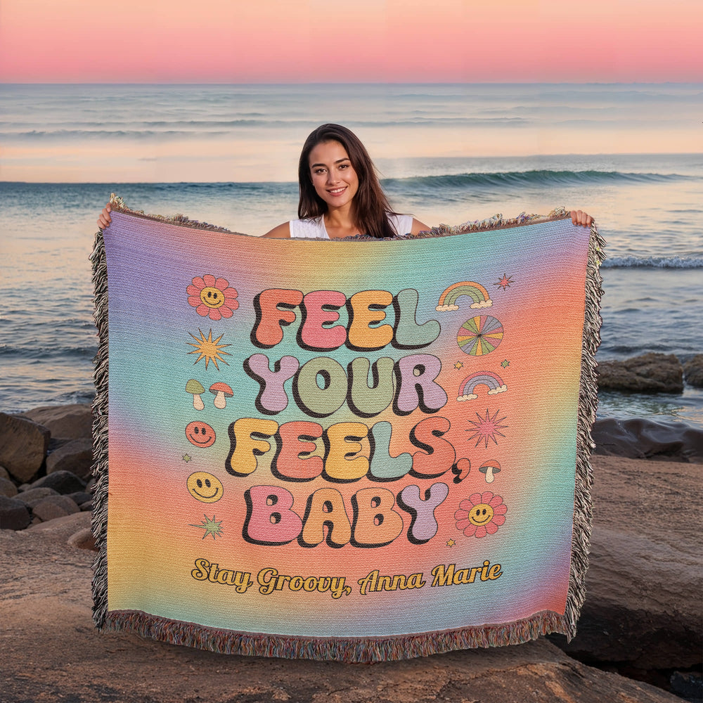 Feel Your Feels Baby woven blanket with retro typography and custom text for emotional wellness and comfort