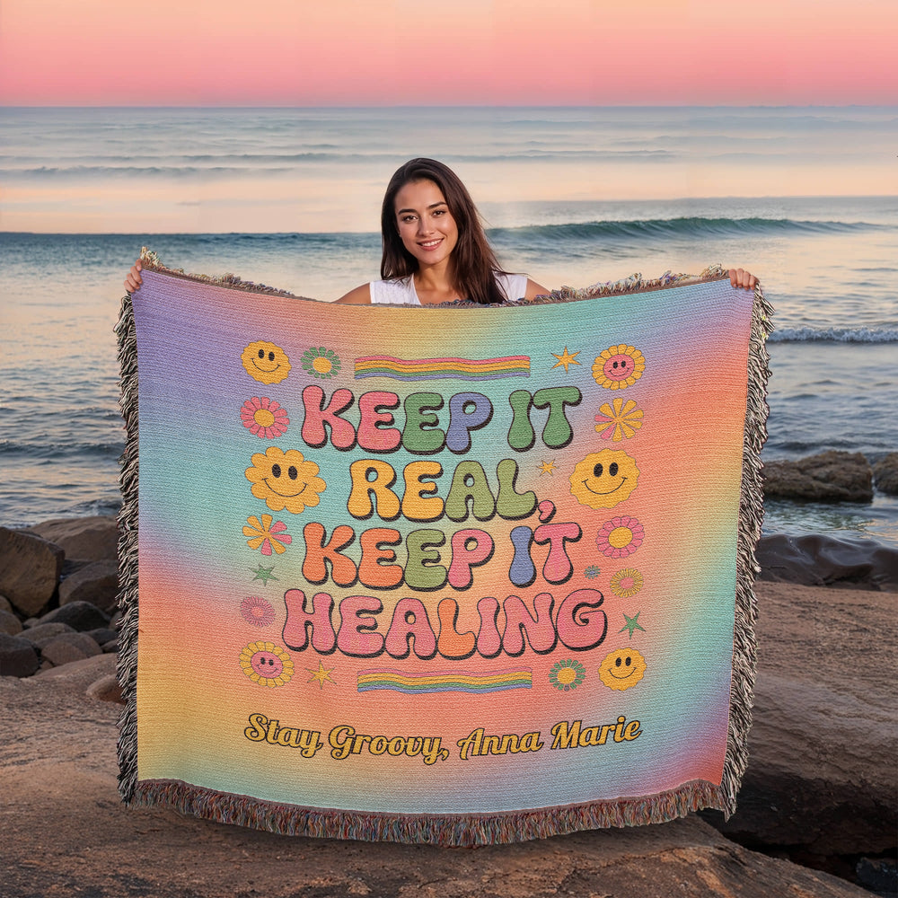 Keep It Real Keep It Healing personalized retro affirmation blanket for mental health and therapy room style