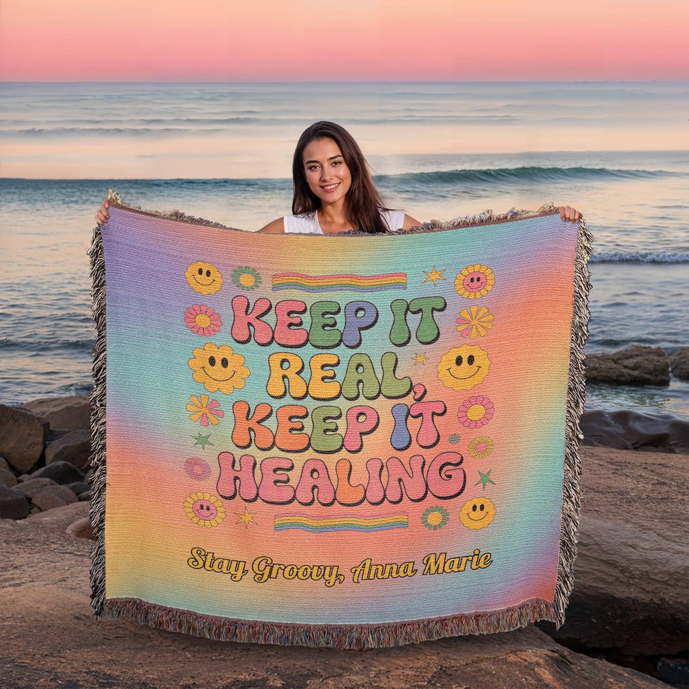 Keep It Real, Keep It Healing Retro Mental Health Woven Blanket Throw - MySisterIsASurvivor