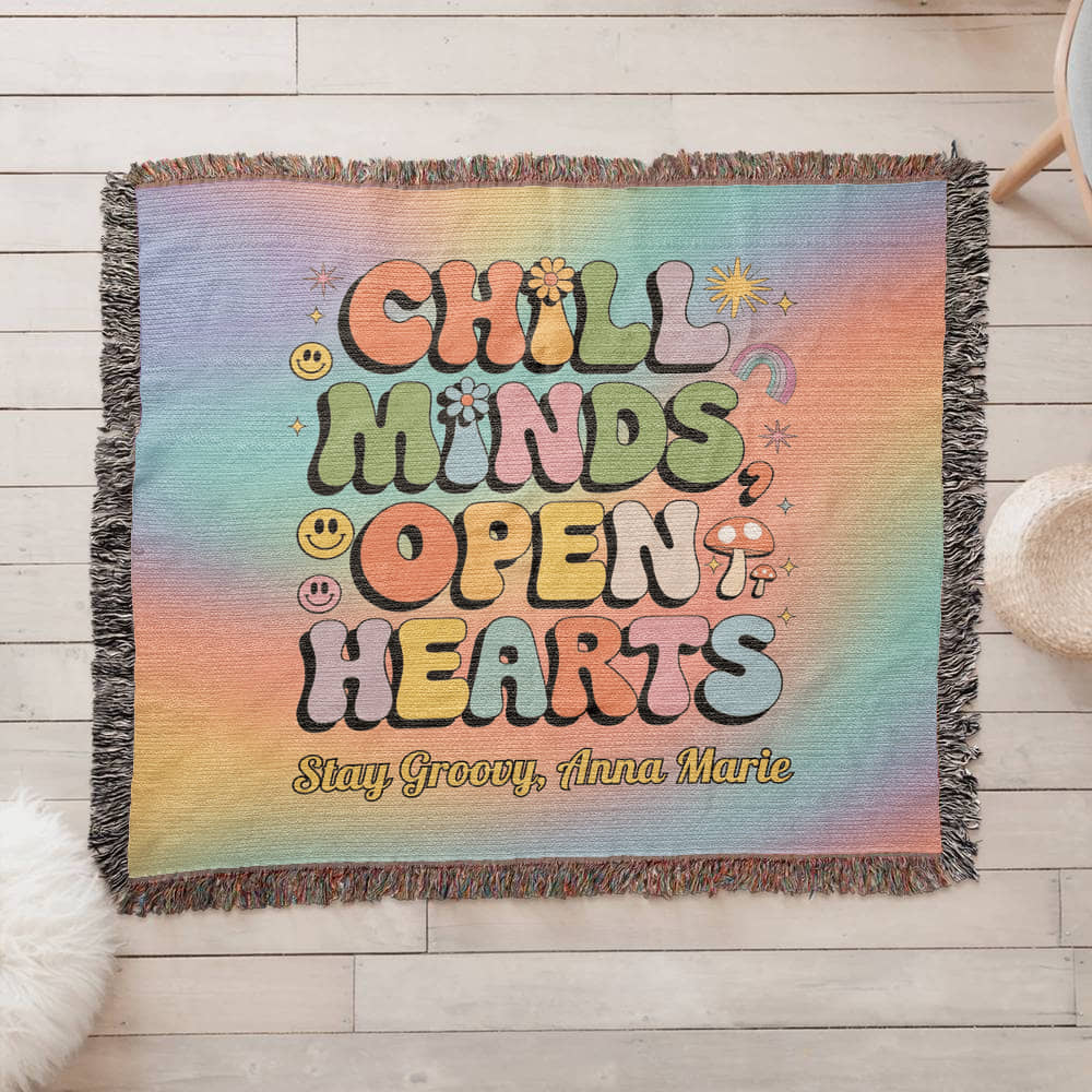 Chill Minds Open Hearts retro woven blanket with custom name option and mental health message for self-care
