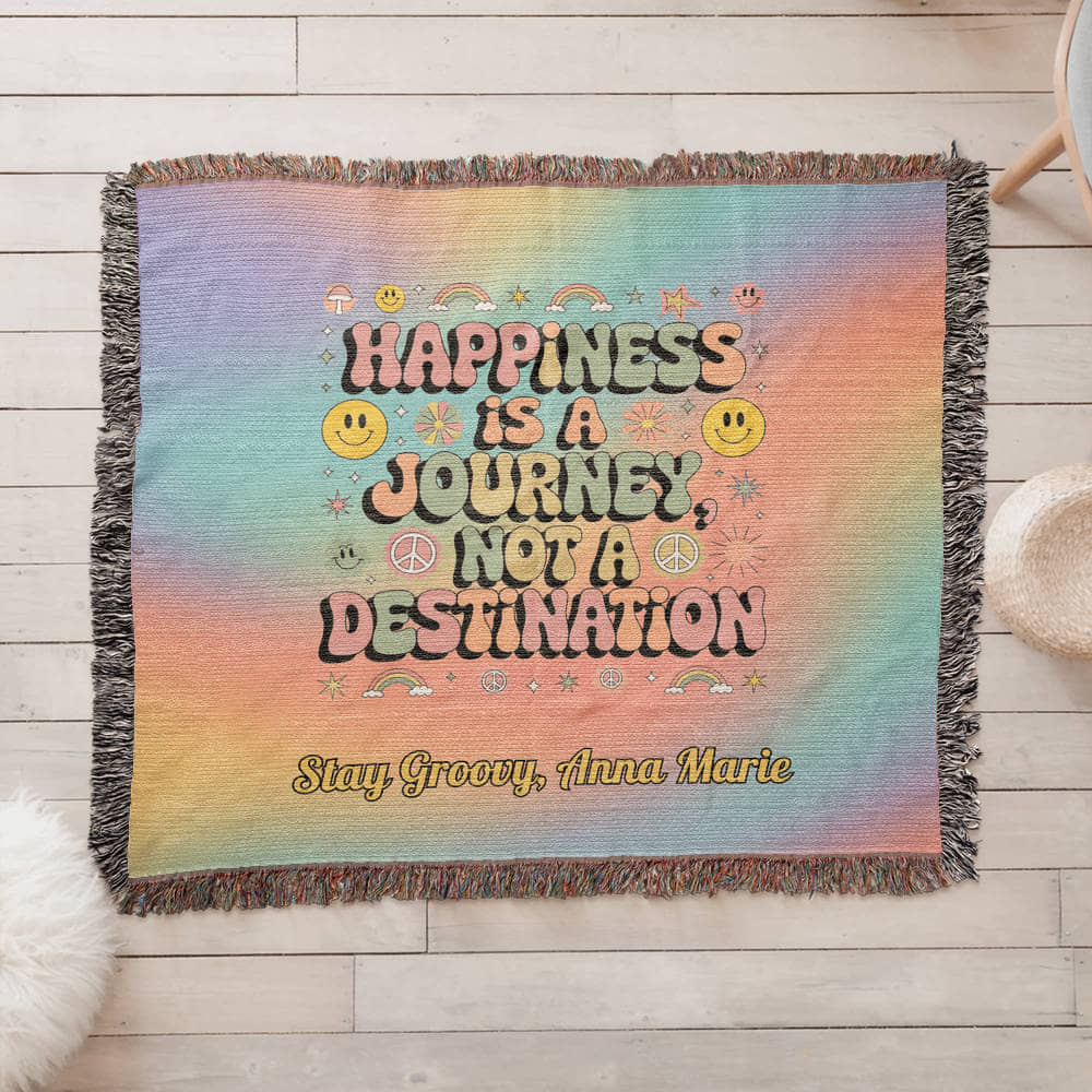 Happiness Is a Journey retro mental health woven blanket with personalized name for therapy or home use