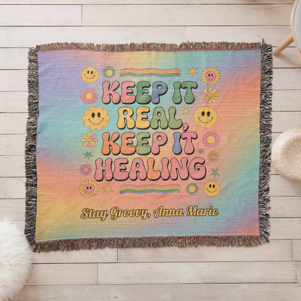 Keep It Real Keep It Healing personalized retro affirmation blanket for mental health and therapy room style
