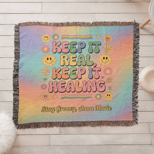 Keep It Real, Keep It Healing Retro Mental Health Woven Blanket Throw - MySisterIsASurvivor