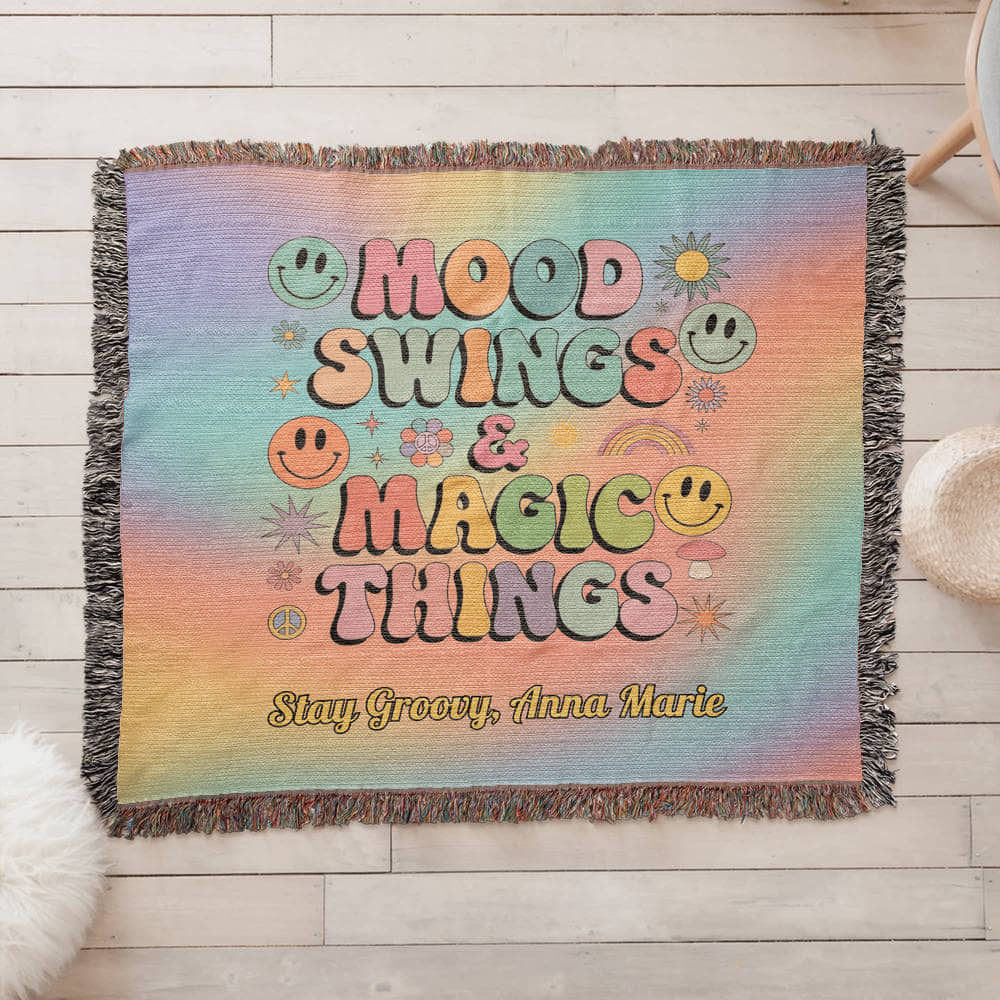 Mood Swings & Magic Things affirmation woven throw blanket personalized for emotional balance and retro style
