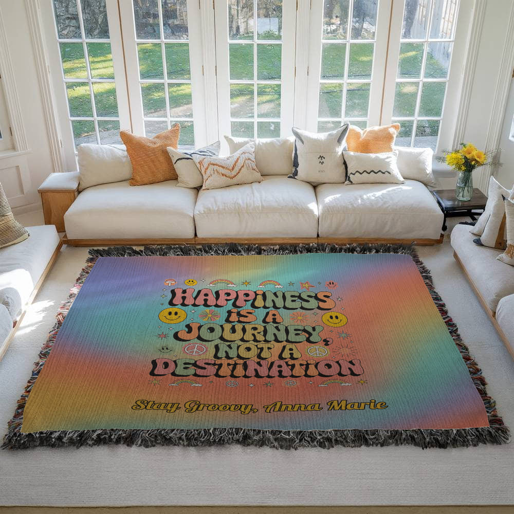 Happiness Is a Journey retro mental health woven blanket with personalized name for therapy or home use
