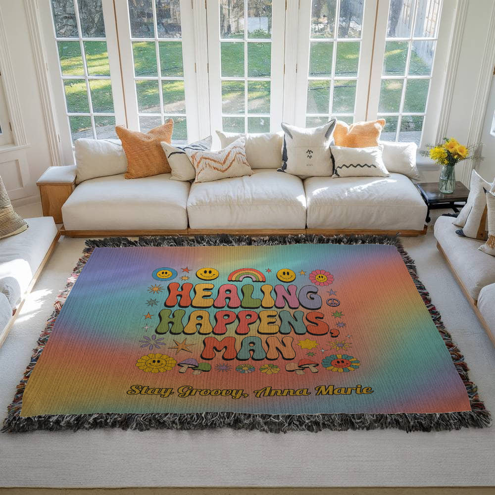 Healing Happens Man groovy affirmation blanket personalized for emotional wellness and mental health support