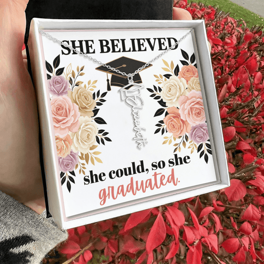 Shop our proof that strength and perseverance win graduation cap name necklace featuring the Polished Stainless Steel style option from MySisterIsASurvivor.
