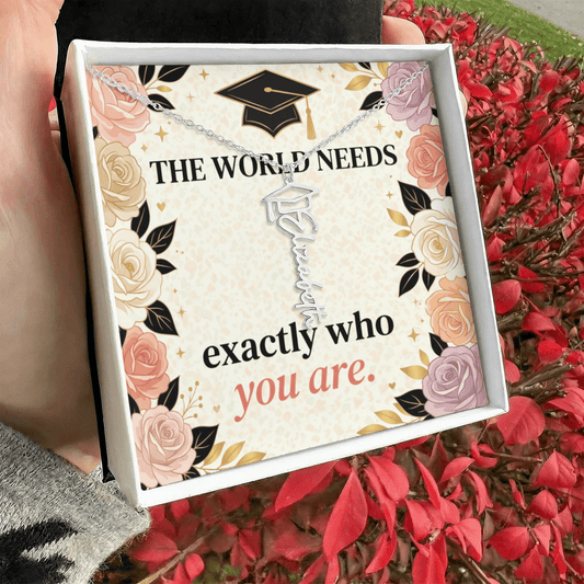 Shop our the world needs exactly who you are graduation cap name necklace featuring the Polished Stainless Steel style option from MySisterIsASurvivor.