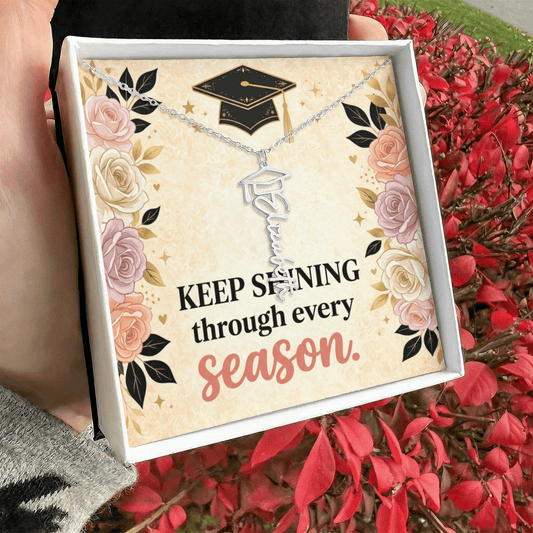 Shop our keep shining through every season graduation cap name necklace featuring the Polished Stainless Steel style option from MySisterIsASurvivor.