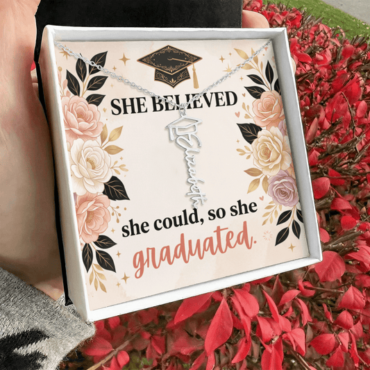 Shop our she believed she could so she graduated graduation cap name necklace featuring the Polished Stainless Steel style option from MySisterIsASurvivor.