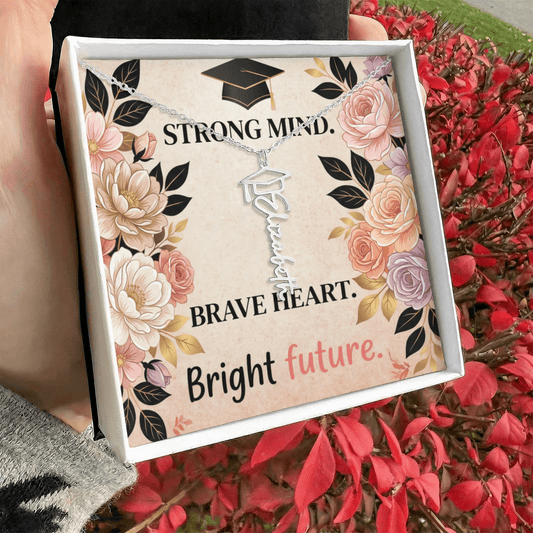 Shop our strong mind brave heart bright future graduation cap name necklace featuring the Polished Stainless Steel style option from MySisterIsASurvivor.