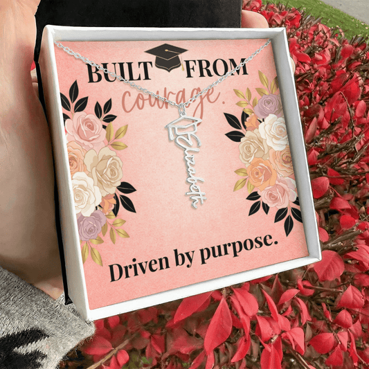 Shop our built from courage driven by purpose graduation cap name necklace featuring the Polished Stainless Steel style option from MySisterIsASurvivor.