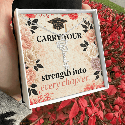 Shop our carry your strength into every chapter graduation cap name necklace featuring the Polished Stainless Steel style option from MySisterIsASurvivor.