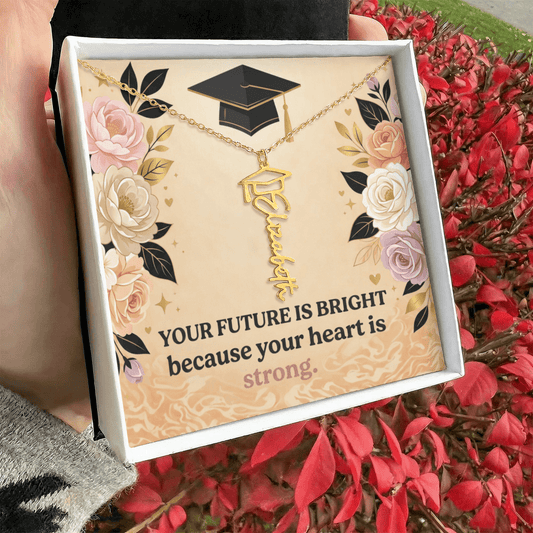 Shop our your future is bright because your heart is strong graduation cap name necklace featuring the Polished Stainless Steel style option from MySisterIsASurvivor.
