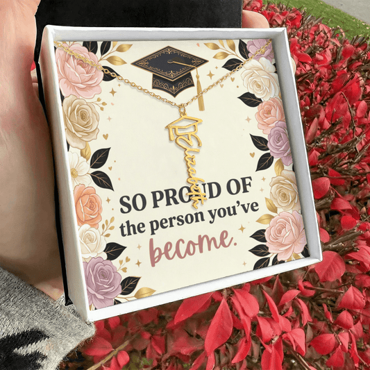 Shop our so proud of the person youve become graduation cap name necklace featuring the Polished Stainless Steel style option from MySisterIsASurvivor.