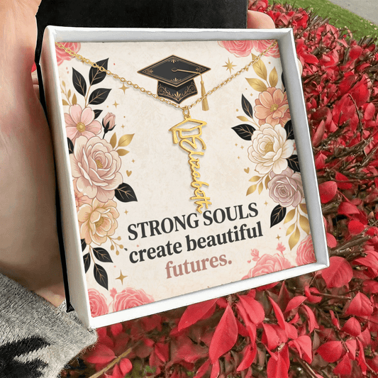 Shop our strong souls create beautiful futures graduation cap name necklace featuring the Polished Stainless Steel style option from MySisterIsASurvivor.