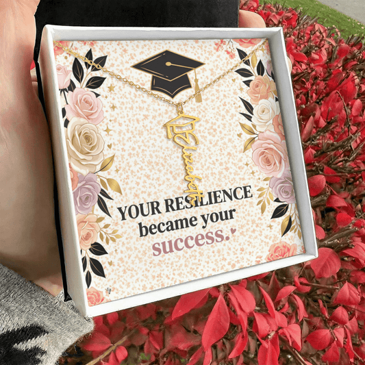Shop our your resilience became your success graduation cap name necklace featuring the Polished Stainless Steel style option from MySisterIsASurvivor.
